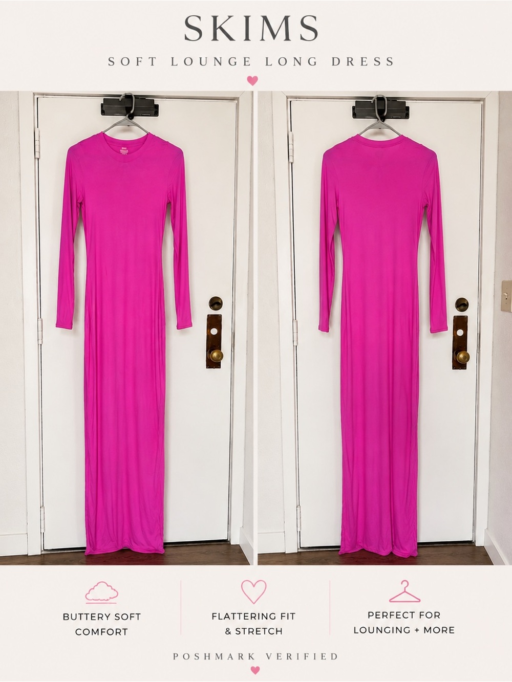 SKIMS Fits Everybody Crew neck Fuchsia Long Sleeve Soft Lounge Maxi Dress